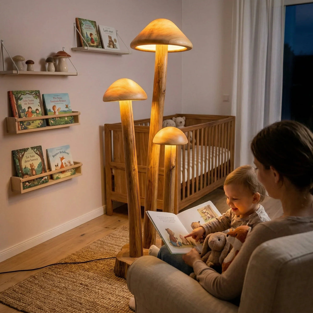 Dreifach-Pilzgruppen-Stehlampe mit Holzfuß, die ein gemütliches Babyzimmer mit Bücherregalen und Kinderbett beleuchtet.