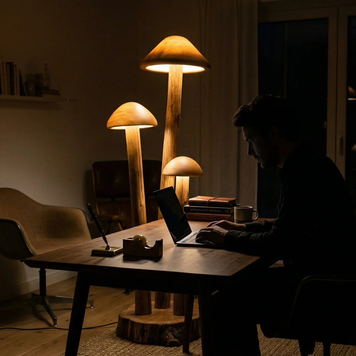 Dreifach-Pilzgruppen-Stehlampe mit Holzstielen und Kuppel-Downlights in einem gemütlichen Büro