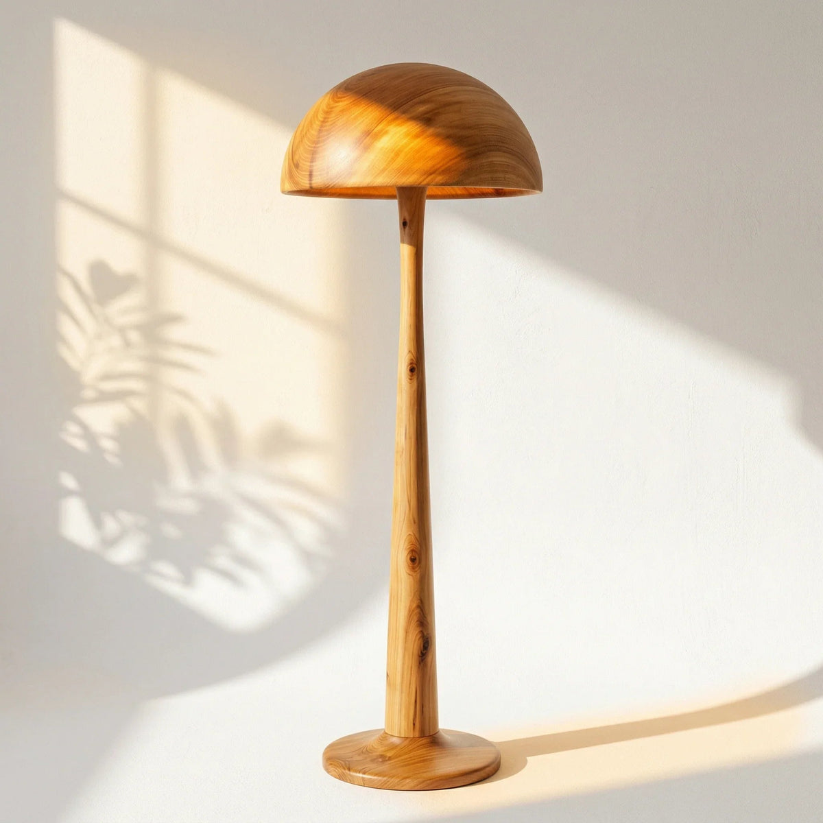 Pilz-Stehlampe aus Massivholz mit Kuppelhut und konischem Stiel auf Scheibenfuß im Sonnenlicht