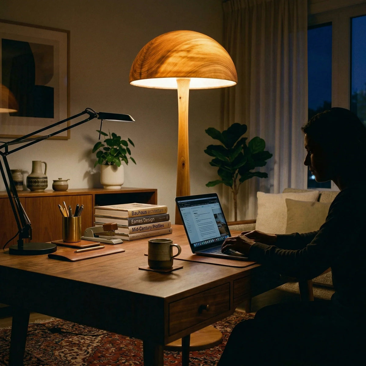 Pilz-Stehlampe aus Massivholz mit leuchtendem Kuppelschirm in einem gemütlichen Homeoffice