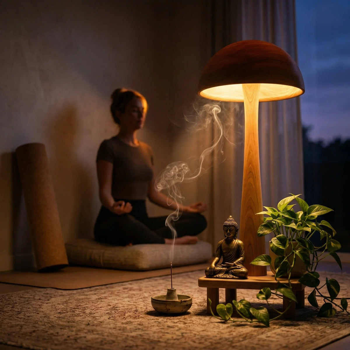 Pilz-Stehlampe aus Massivholz mit leuchtendem Kuppelhut neben Buddha-Statue und grüner Pflanze