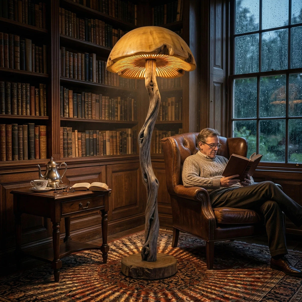 Gedrehte Treibholz-Pilz-Stehlampe mit handgeschnitzter Kuppel auf Altholzfuß in einer gemütlichen Bibliothek