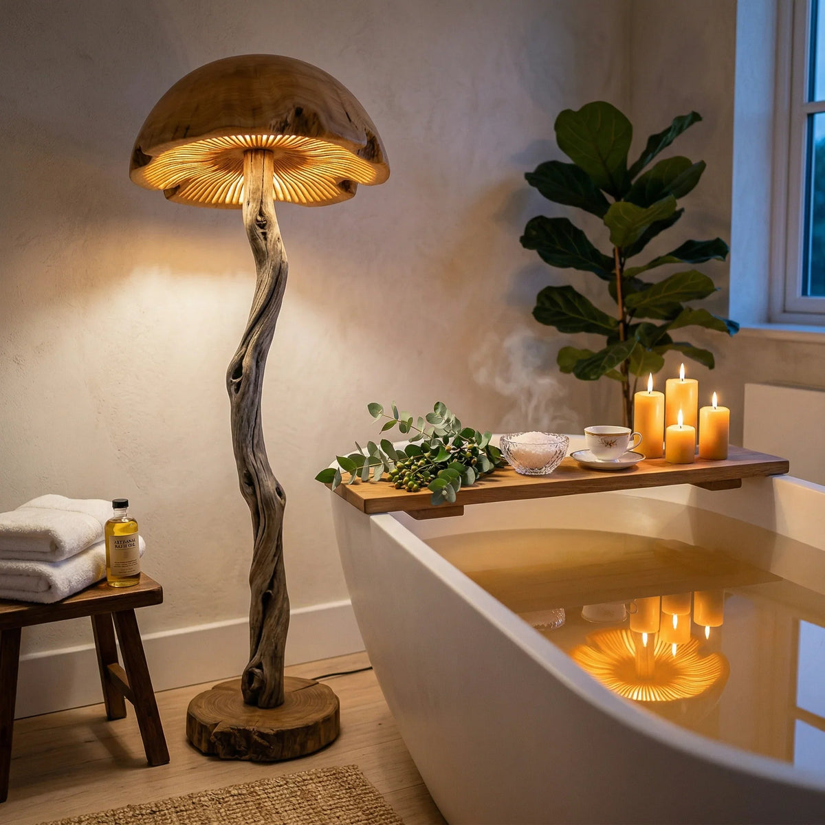 Gedrehte Treibholz-Pilz-Stehlampe mit geschnitzter Holzkuppel neben einer modernen Badewanne und Kerzen