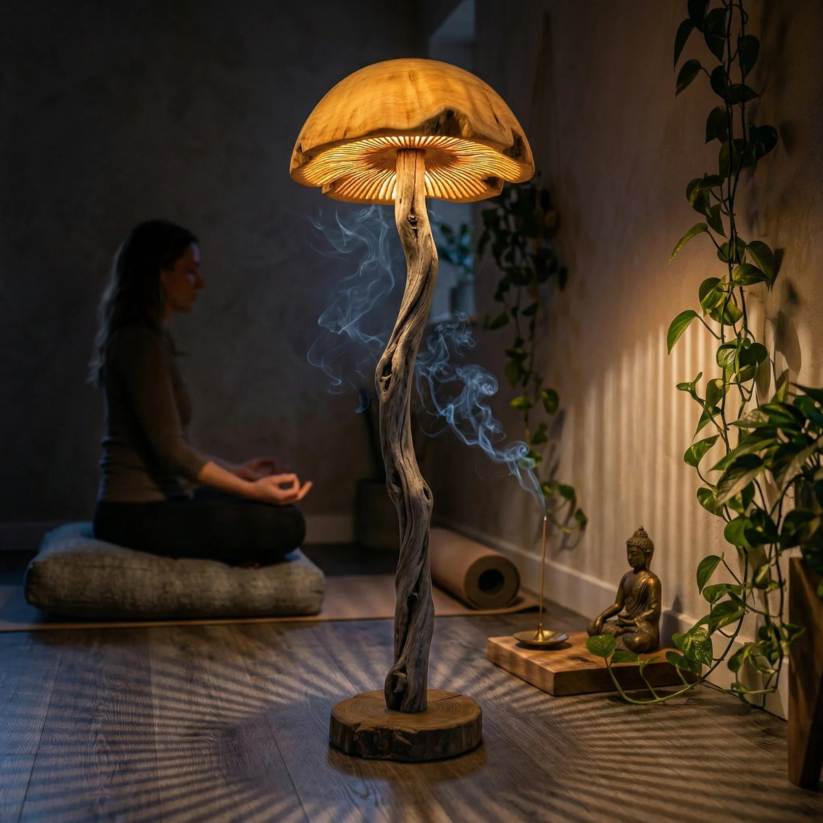 Gedrehte Treibholz-Pilz-Stehlampe mit handgeschnitzter Holzkuppel in einem gemütlichen Meditationsraum