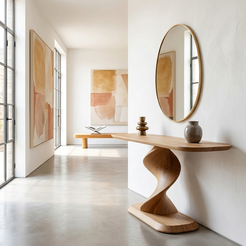 Künstlerischer gedrehter Holz-Konsolentisch in einem skandinavischen Interieur