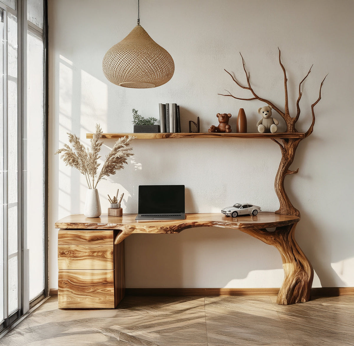Baumkanten-Eckschreibtisch aus Massivholz im künstlerischen Baumbein-Design