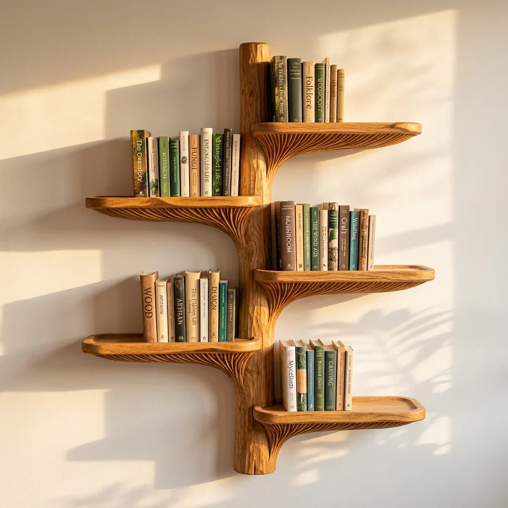 Schwebende Pilzregale mit bunten Büchern unter warmem Nachmittagslicht