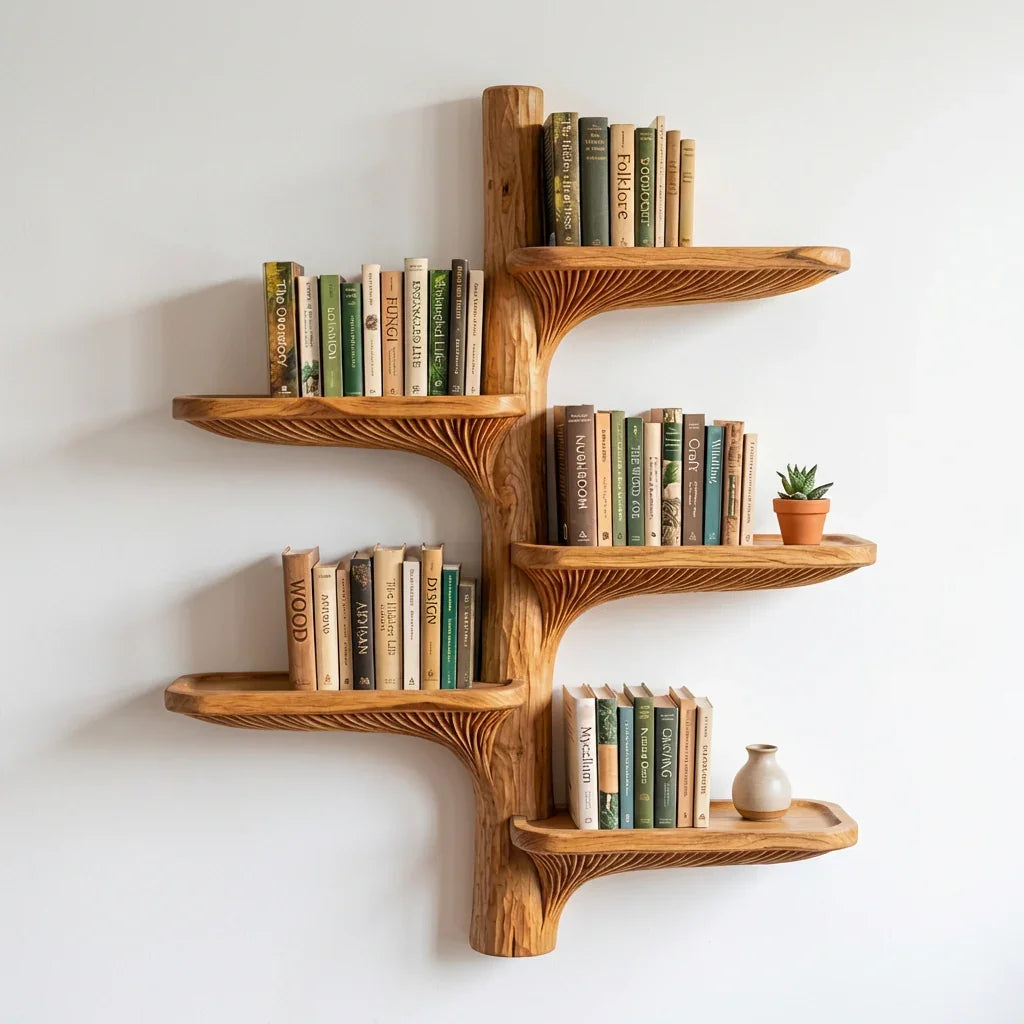 Wandmontiertes Pilz-Lamellen-Baum-Bücherregal mit geschwungenen Astablagen – Ashdeco 2026