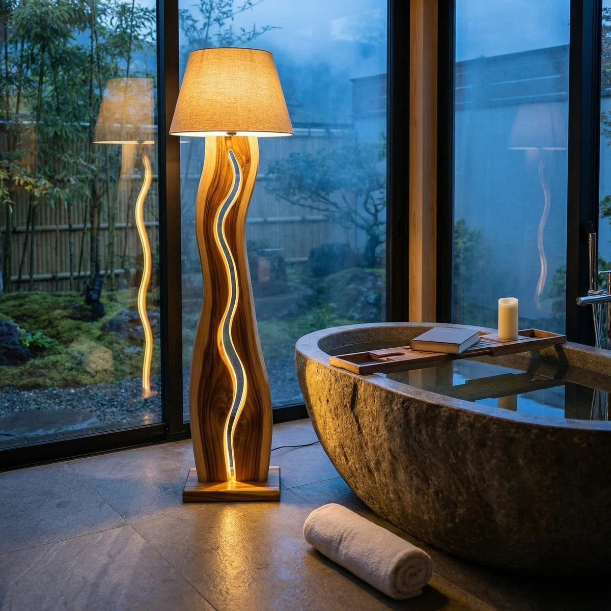 Moderne Holz-Stehlampe mit LED-Streifen neben einer Steinbadewanne in einem ruhigen Badezimmer