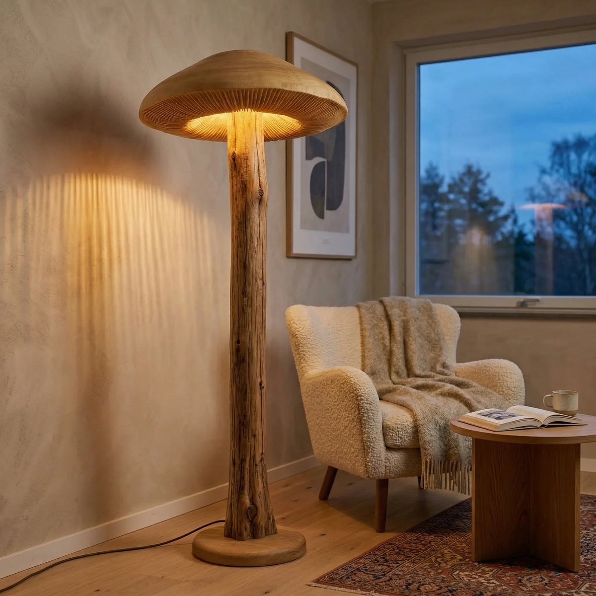 Breite pilzförmige Stehlampe mit geschnitztem Holzstiel in einem gemütlichen Wohnzimmer