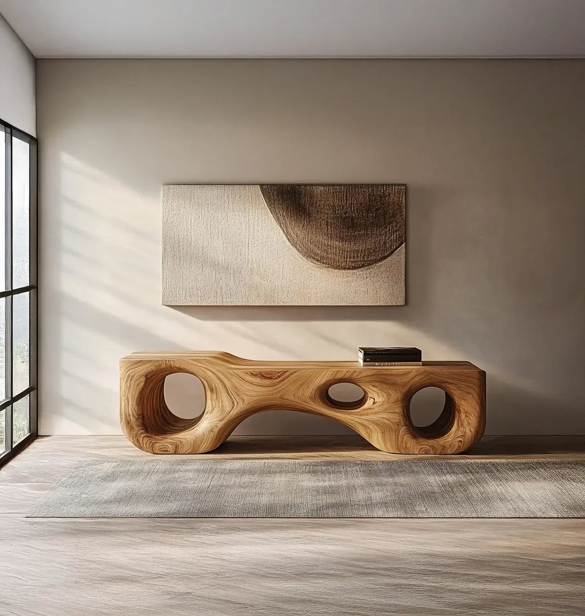 Handgemachte Holzbank, die Stil, Komfort und funktionales Sitzen verbindet
