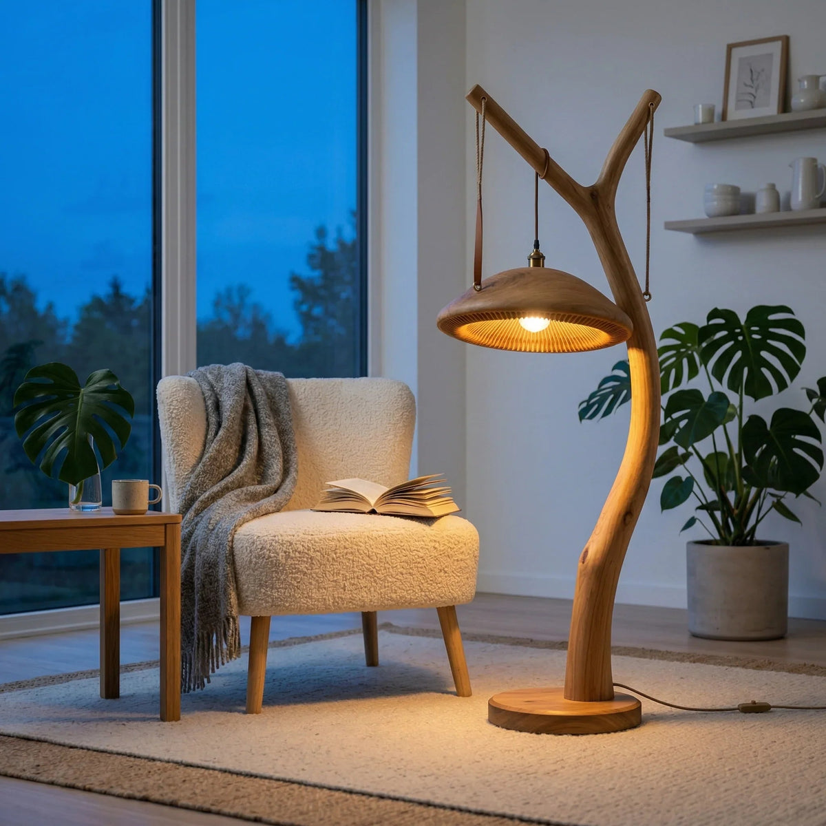 Stehlampe aus Massivholz im Y-Ast-Design mit Pilz-Pendelleuchte in einem gemütlichen Wohnzimmer