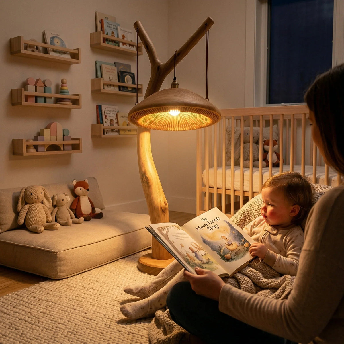 Skulptierte Pilz-Stehlampe aus Massivholz mit Pendelleuchte in einem gemütlichen Babyzimmer