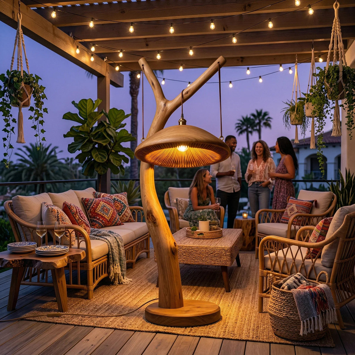 Y-Ast-Stehlampe aus Massivholz mit pilzförmigem Schirm, leuchtend auf einer Terrasse in der Dämmerung