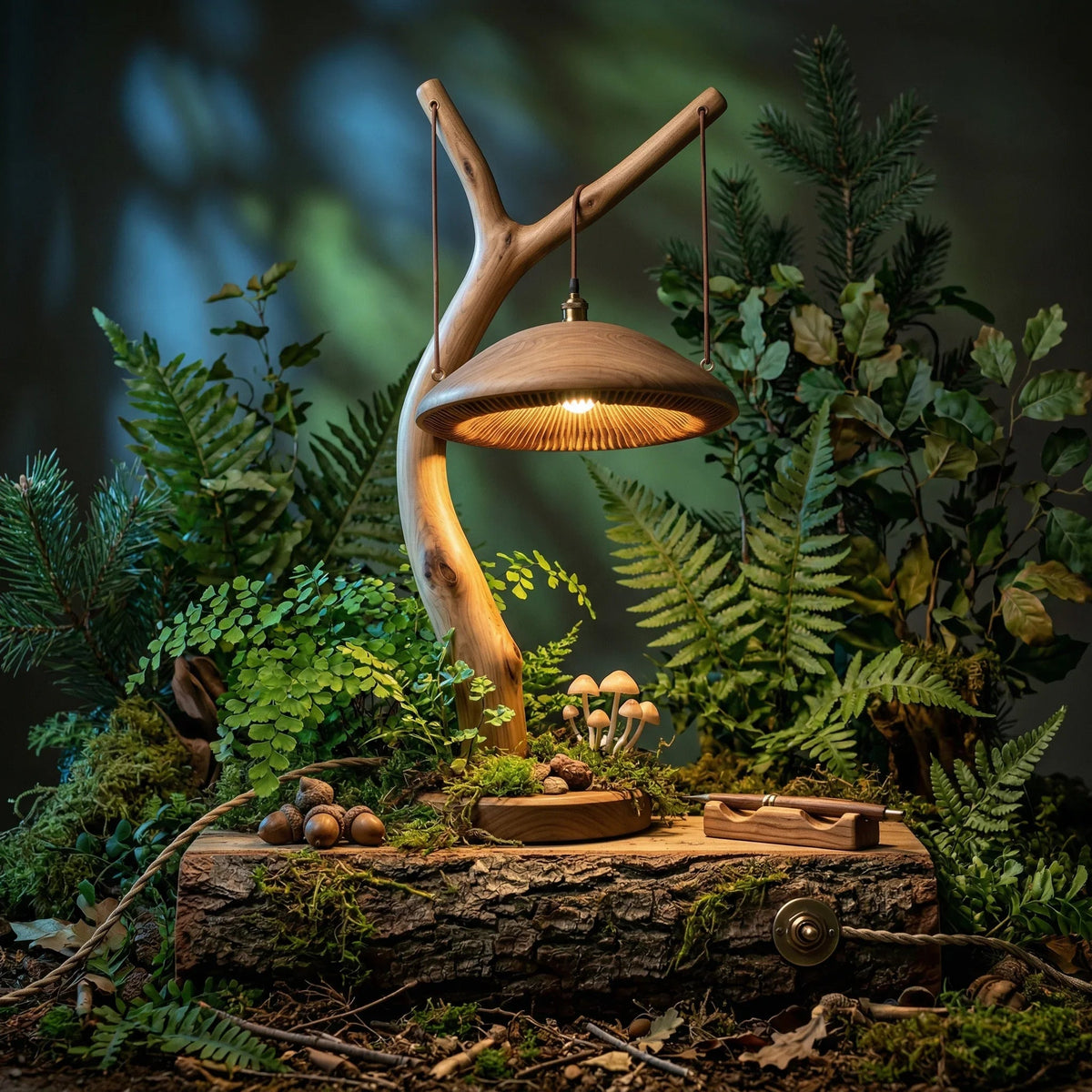 Pilz-Stehlampe aus Massivholz mit skulptiertem Aststiel und rundem Fuß in einer Waldumgebung