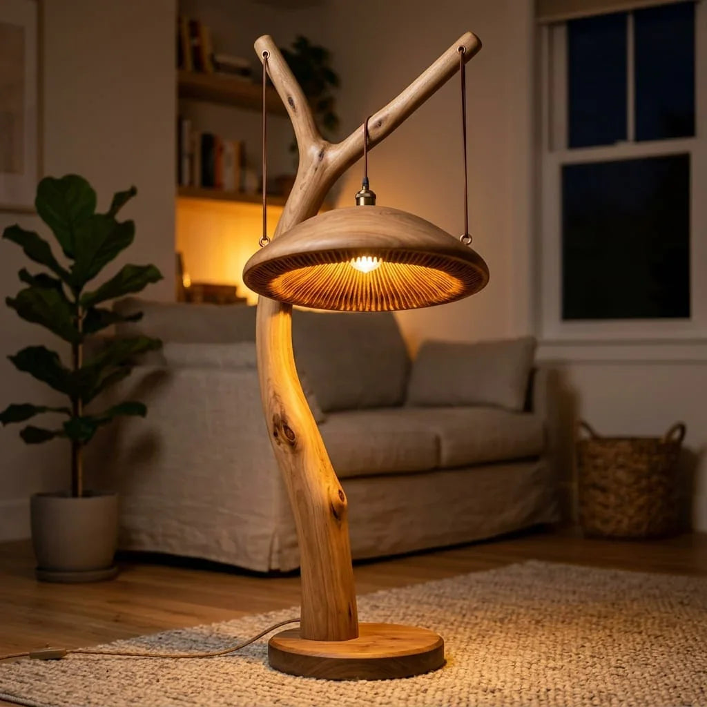 Pilz-Stehlampe aus Massivholz mit skulptiertem Aststiel und rundem Fuß in einem gemütlichen Wohnzimmer