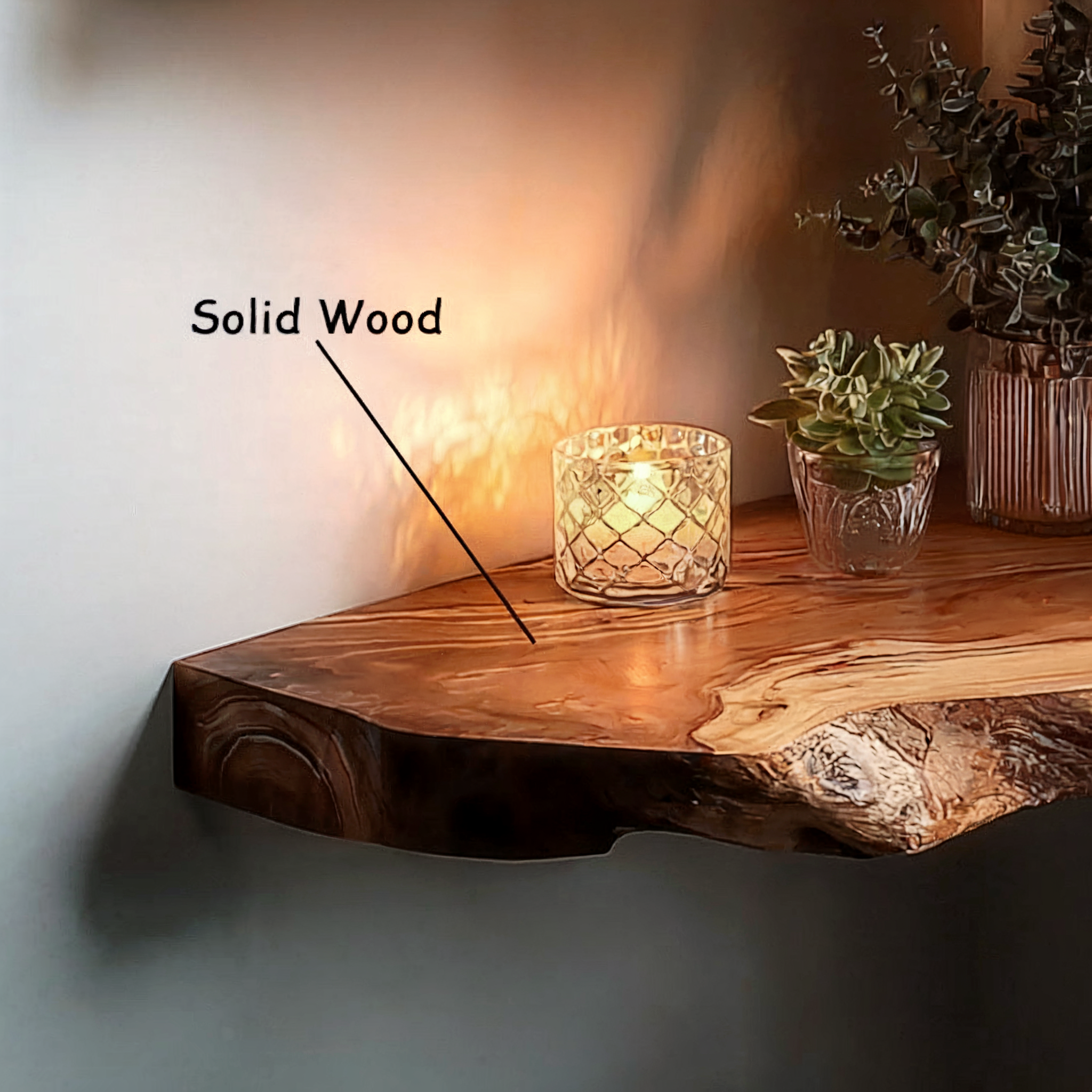 Rustikales Eckregal – Schwebendes Live-Edge-Holz für Kerzen & Pflanzen