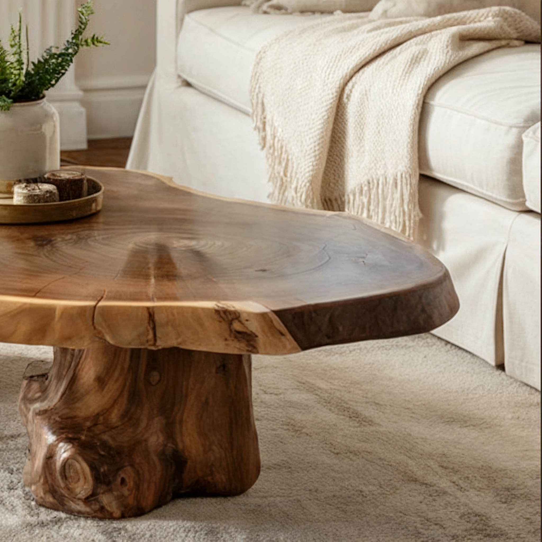 Handgefertigter Couchtisch mit Baumkante – Rustikales Massivholz, Landhausstil