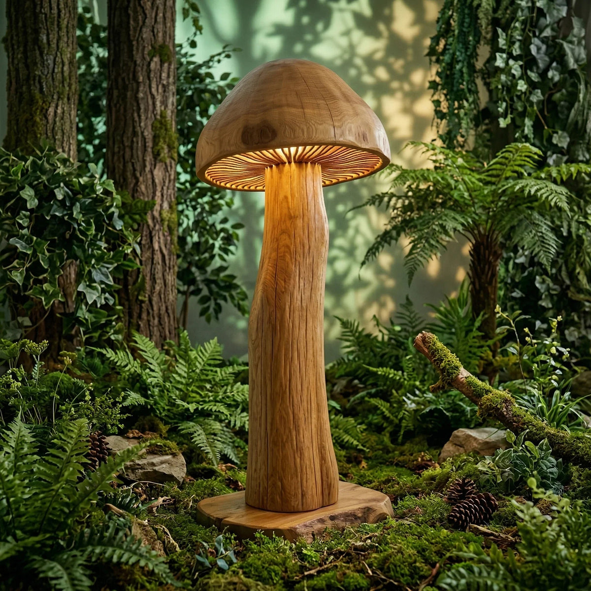Pilzförmige Holz-Schreibtischlampe in einem üppigen waldthematischen Studio mit Farnen und Moos.