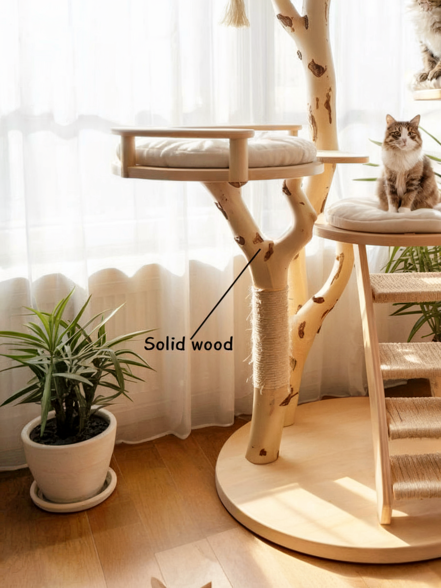 Rustikaler Massivholz-Kratzbaum – Handgefertigter Katzenbaum, großer Spielturm
