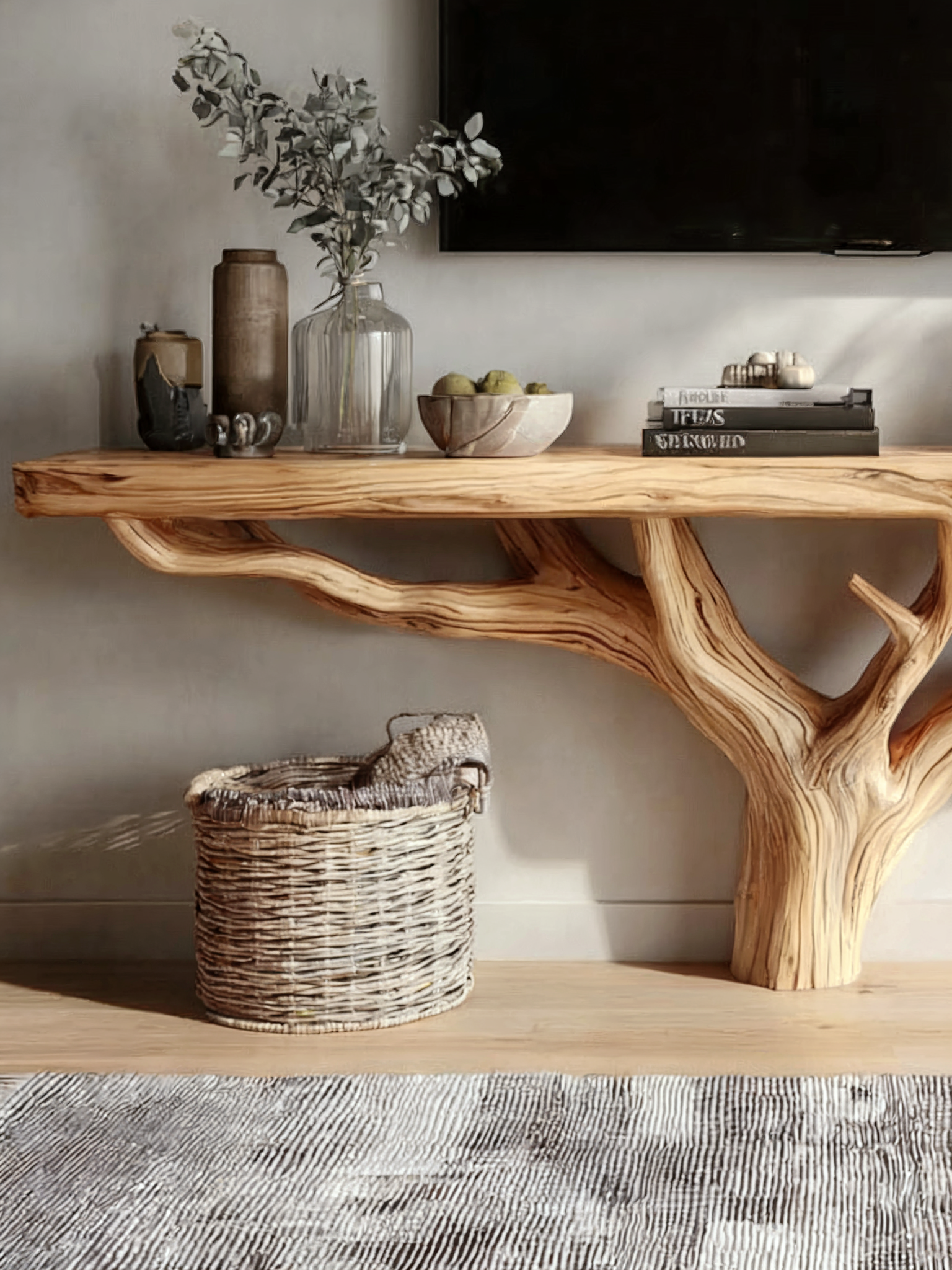 Live-Edge TV-Regal – Massivholz-Medienkonsole, rustikaler handgefertigter Schrank
