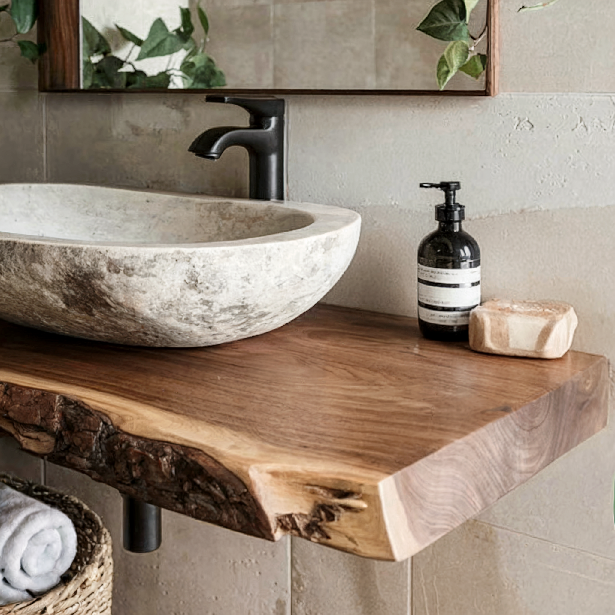 Handgefertigtes Eckregal aus recyceltem Holz mit Live-Edge-Design