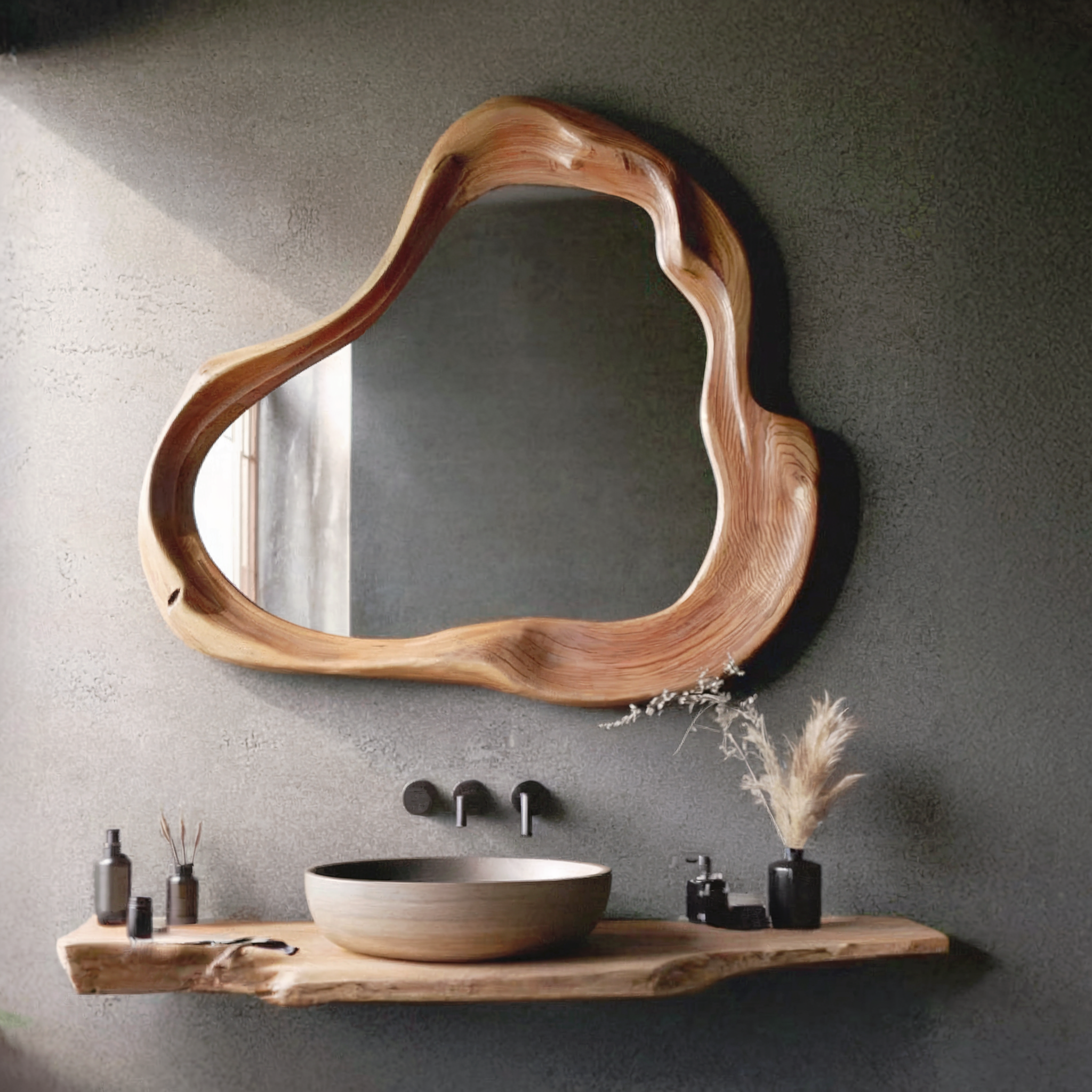 Asymmetrischer Holz-Wandspiegel – rustikal, unregelmäßig, Bauernhaus & Mid-Century Modern