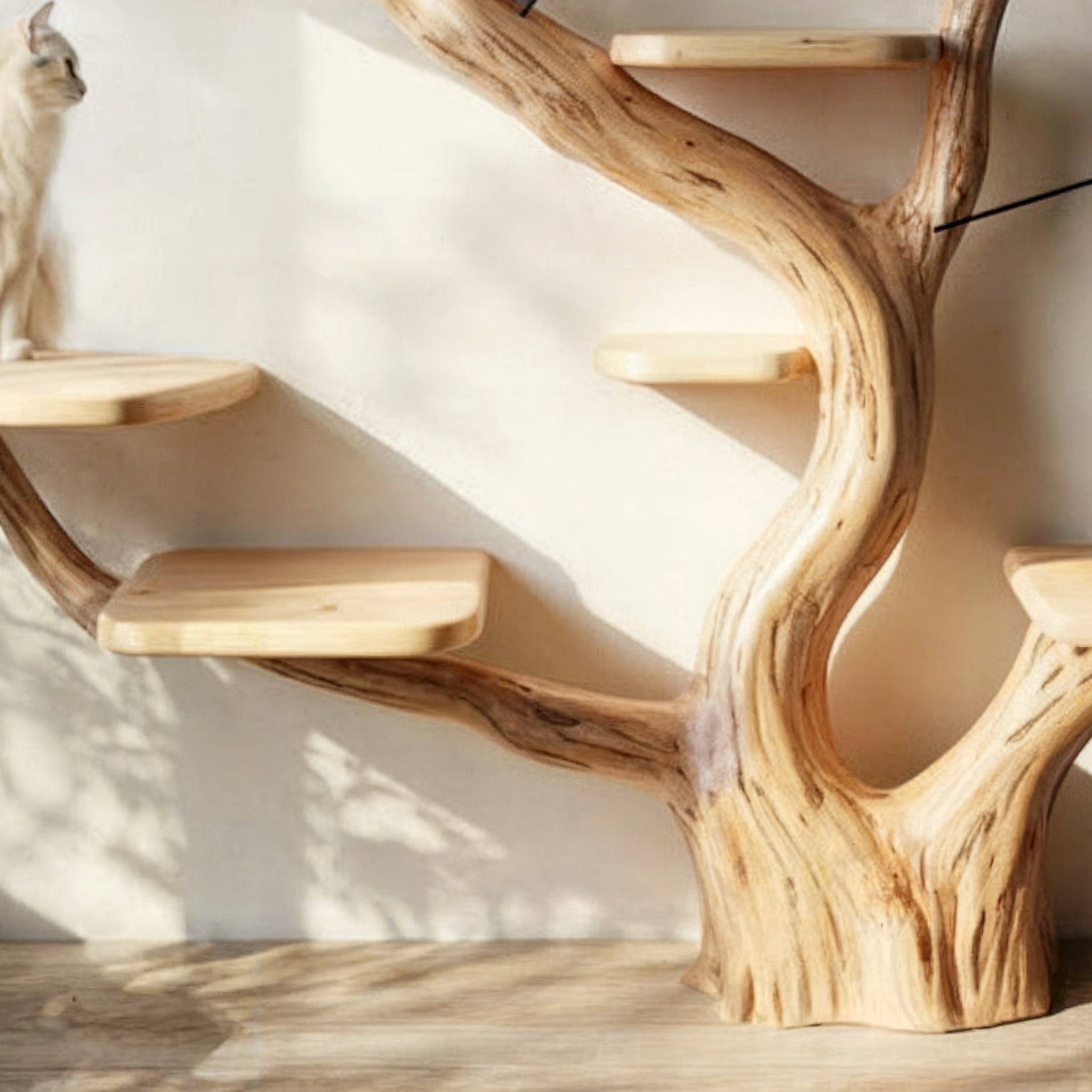 Rustikaler handgefertigter Massivholz-Kratzbaum mit Liege- und Spielbereich für Katzen