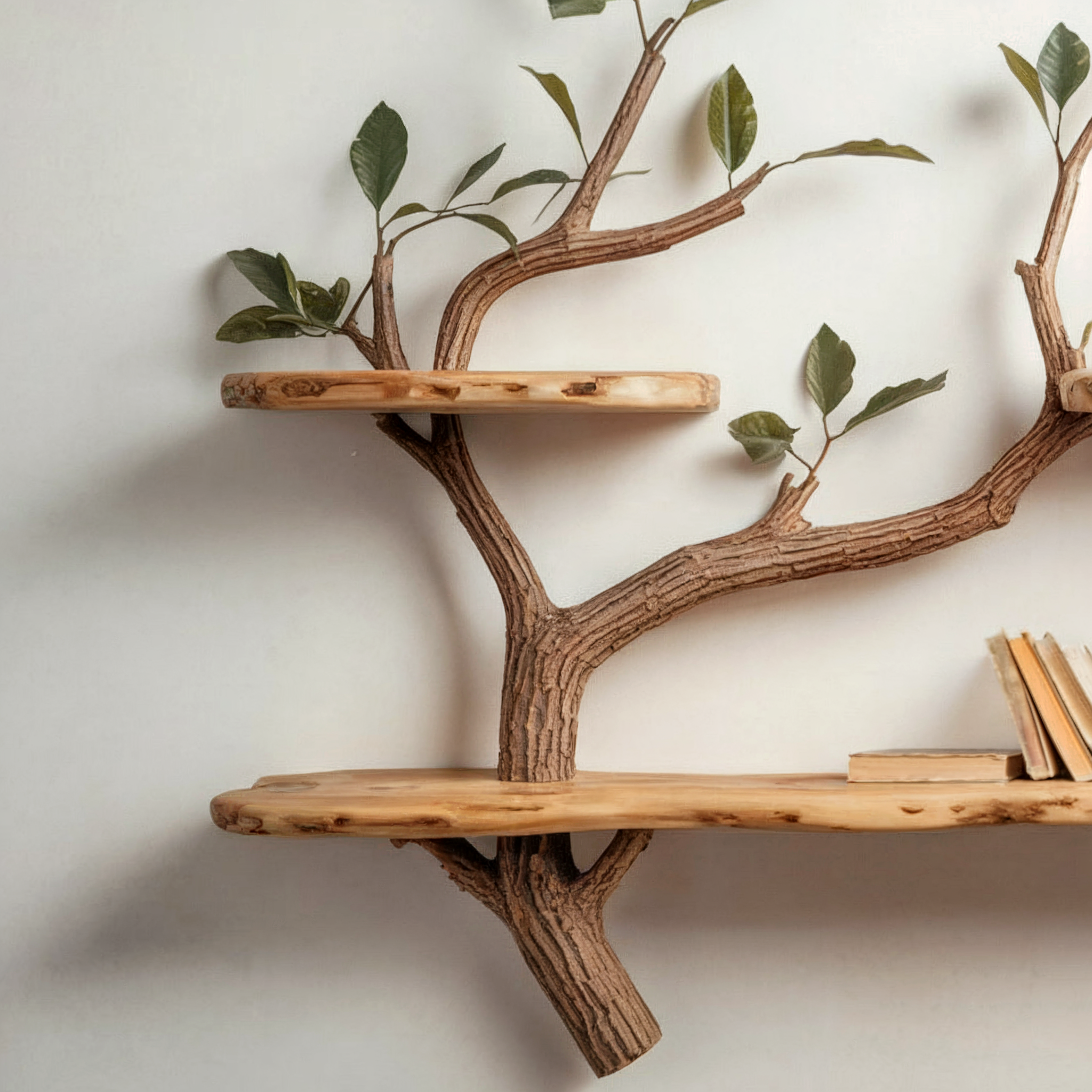 Holz-Baumregal – Handgefertigtes Mahagoni-Schweberegal mit großen Ablagen