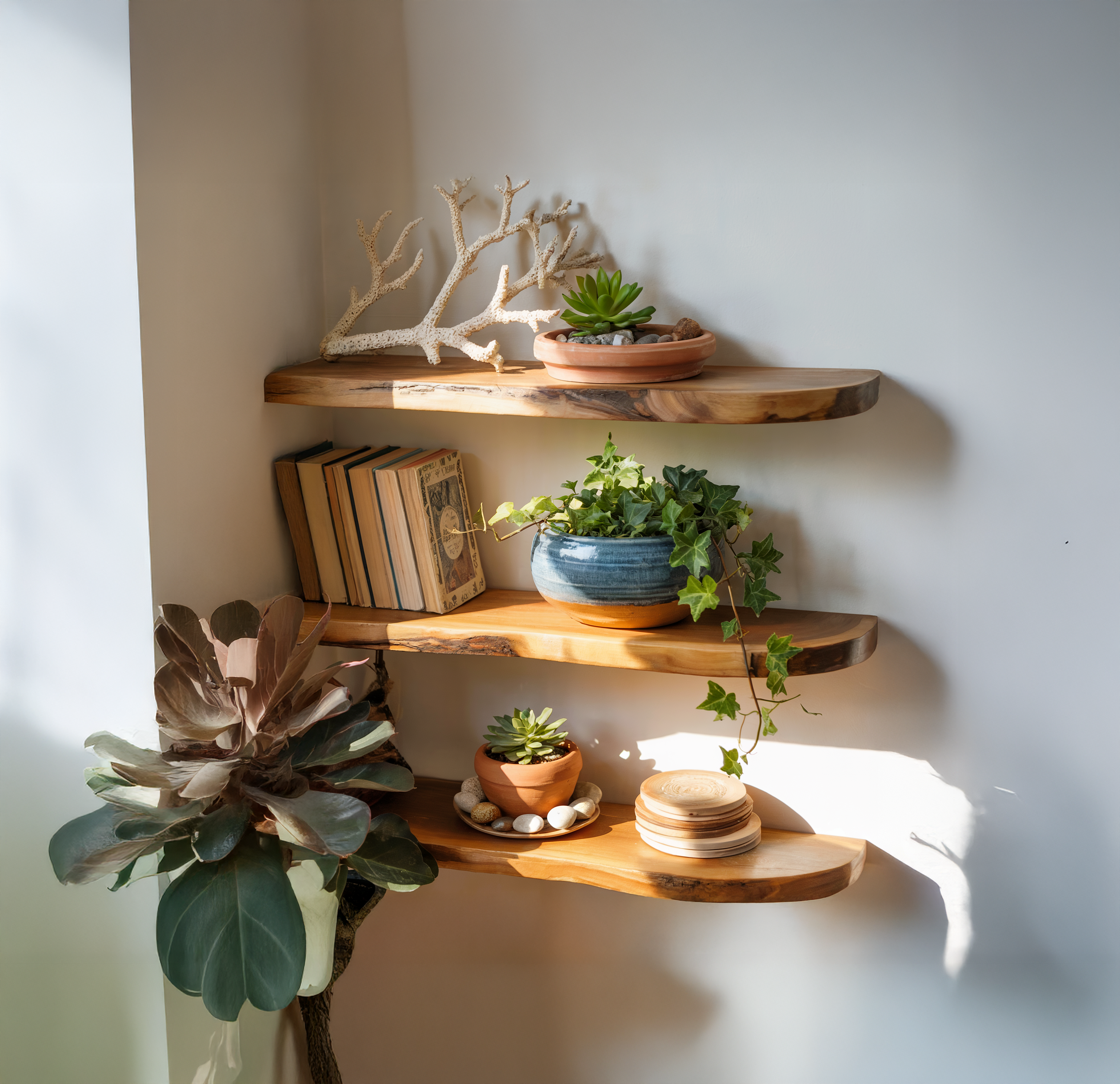 Schwebendes Eck-Wandregal mit Baumkante – Holzregal für Wohndekor & Aquarium