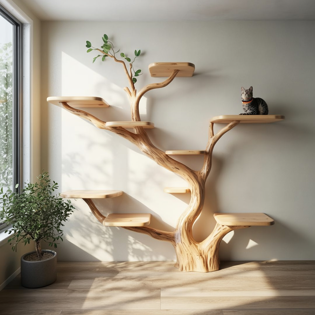 Rustikaler handgefertigter Massivholz-Kratzbaum mit Liege- und Spielbereich für Katzen