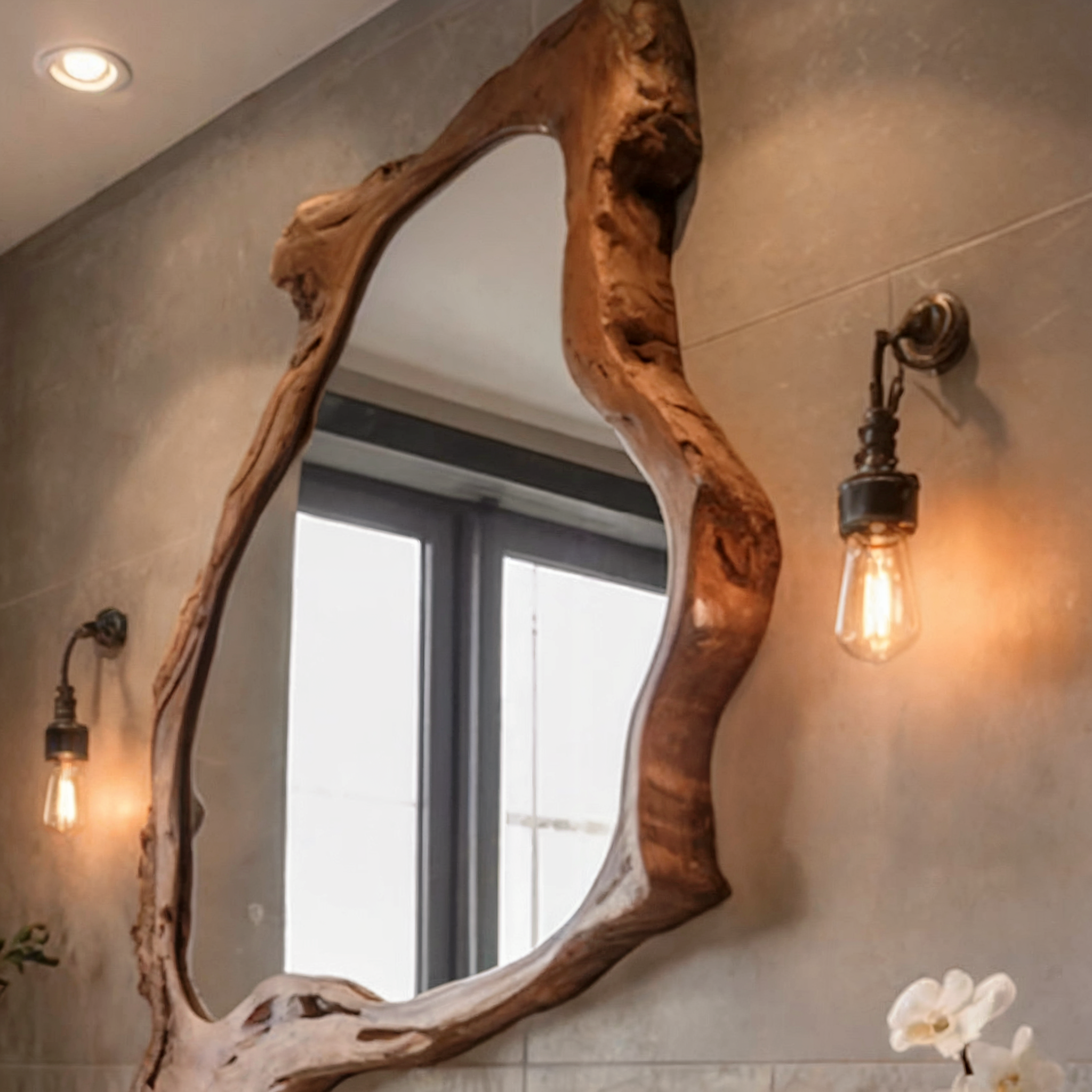 Walnuss-Wandspiegel – asymmetrisch, dekorativ für Eingangsbereich & Wohnzimmer