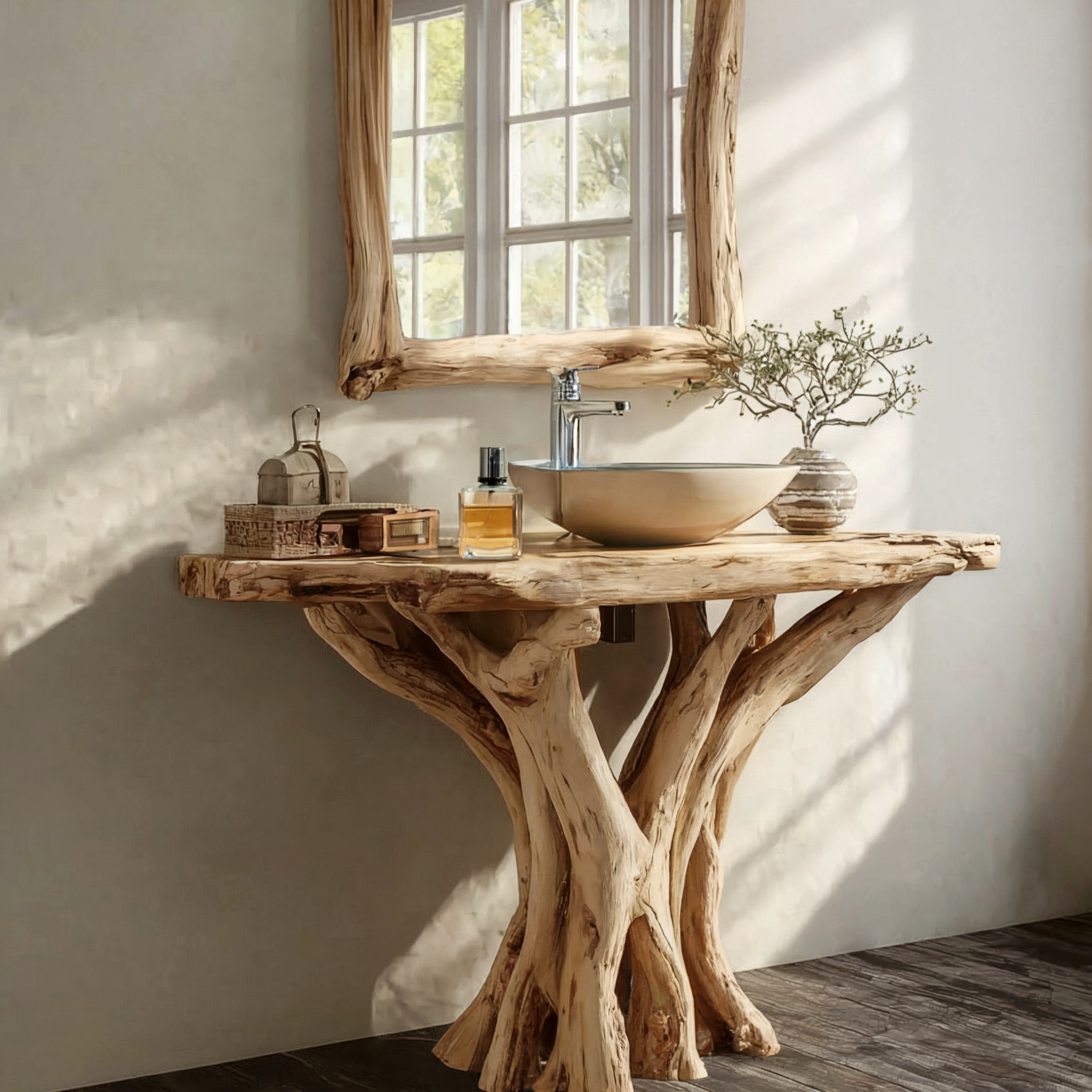 Farmhouse-Eck-Waschtisch aus Holz mit Live-Edge – rustikaler Stil
