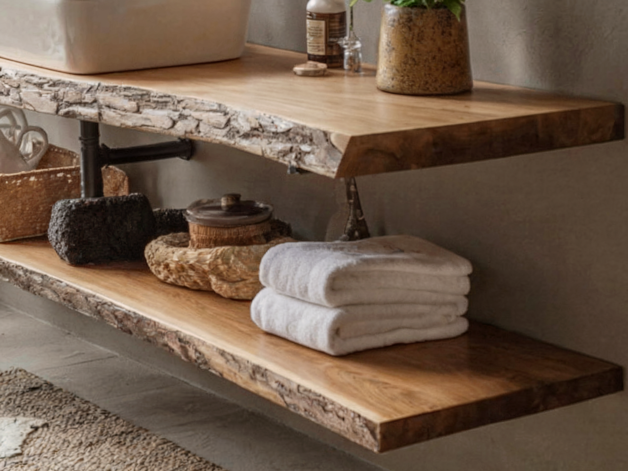 Handgefertigtes Eckregal aus recyceltem Holz mit Live-Edge-Design