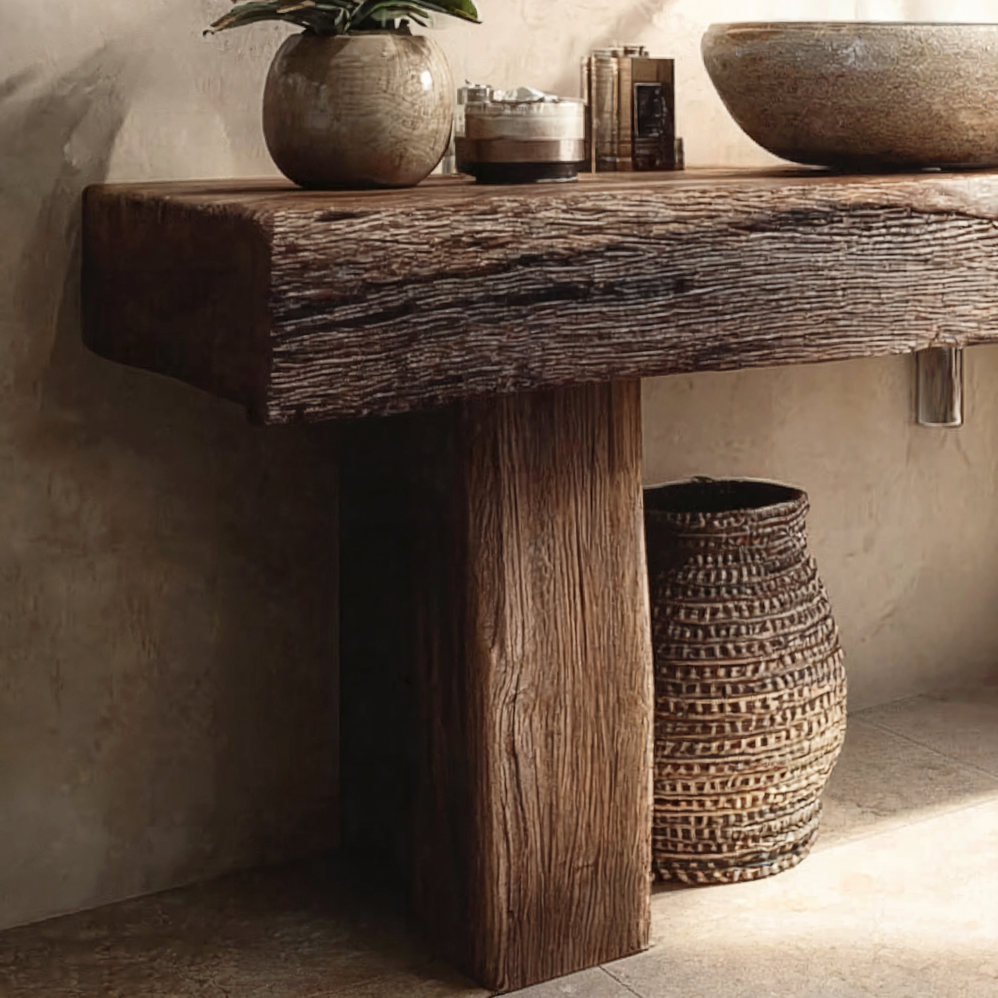 Rustikaler handgefertigter Holz-Waschtisch mit Live-Edge-Design