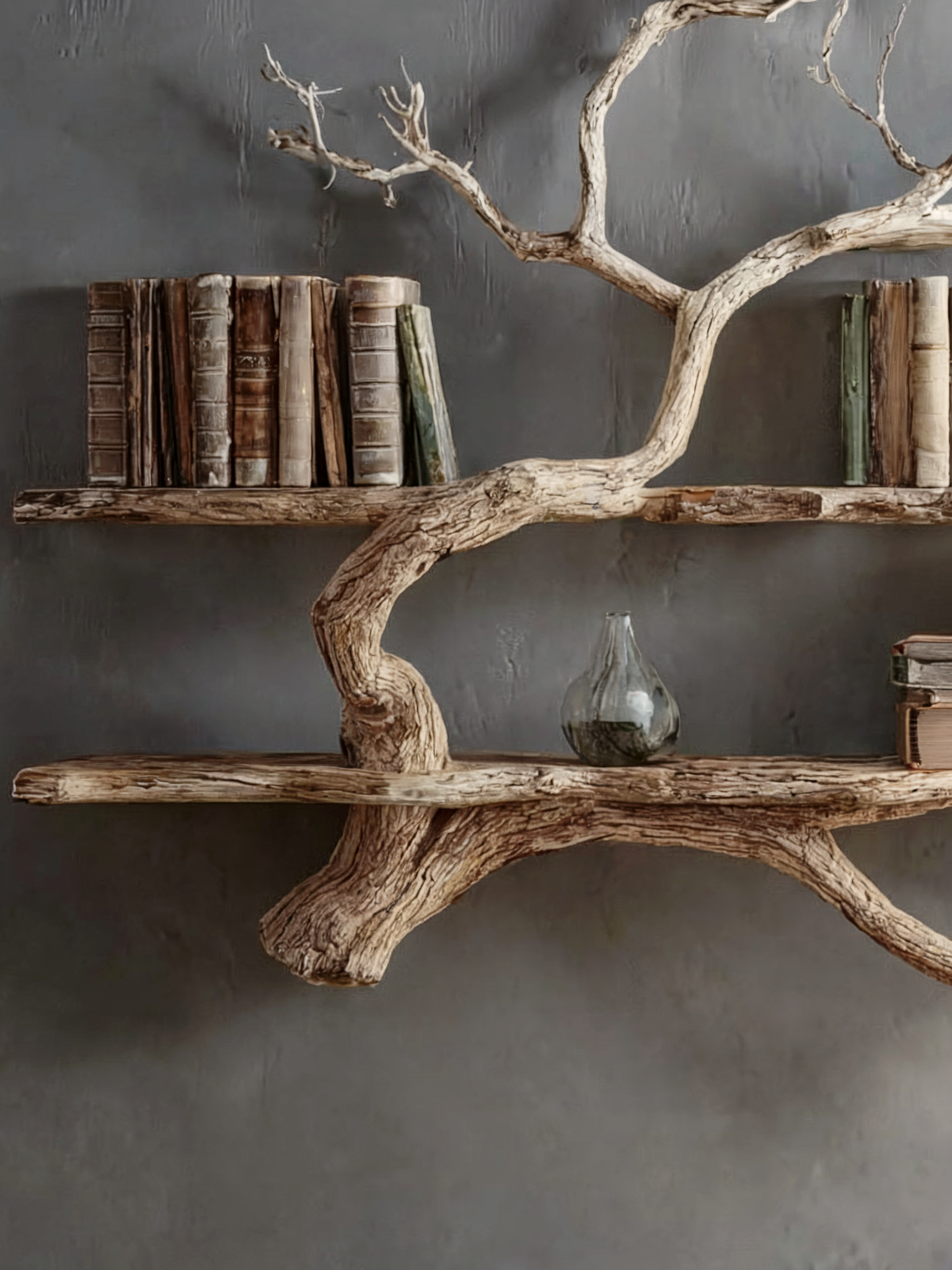 Eck-Bücherregal aus Treibholz – Künstlerische Wanddeko in Baumform