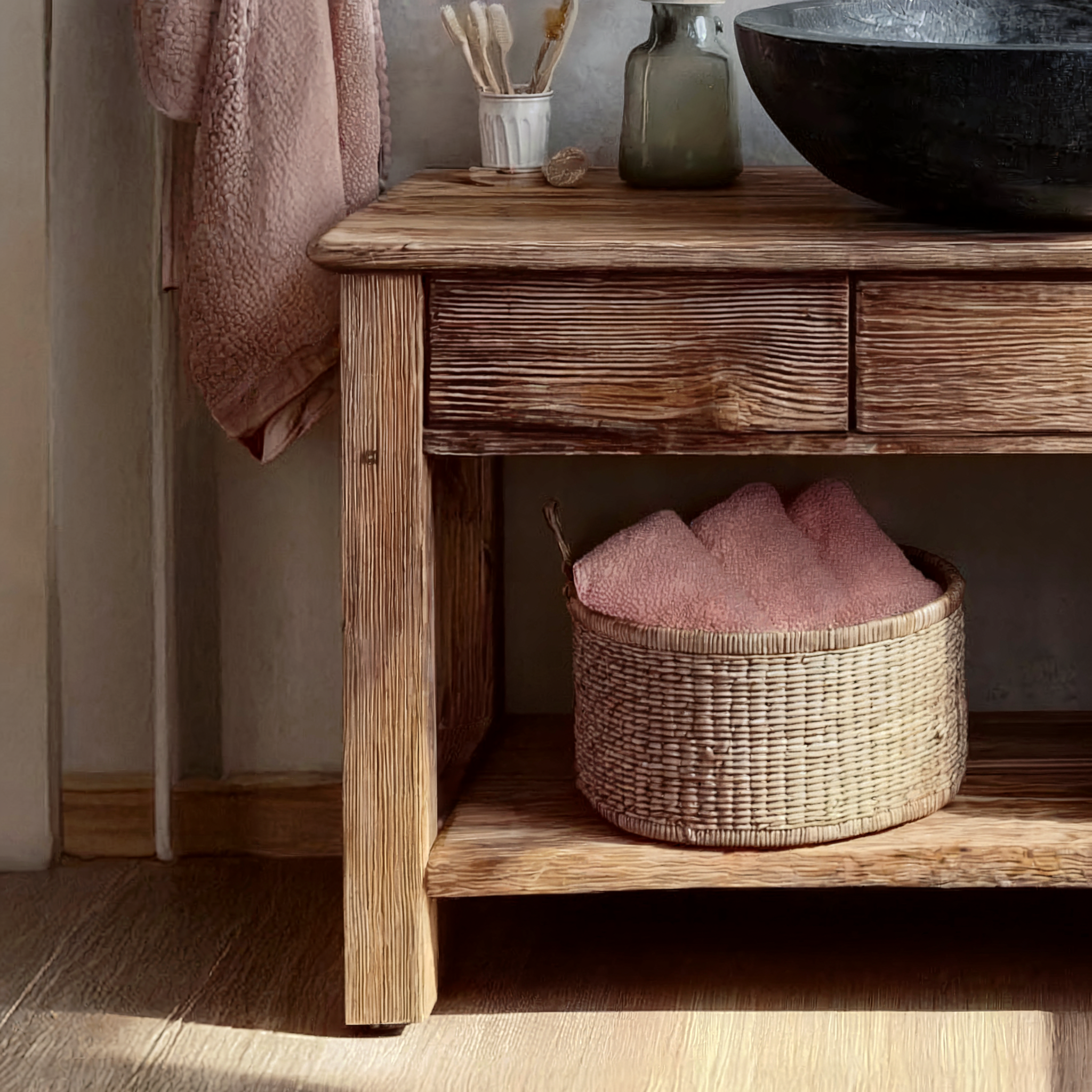 Rustikaler handgefertigter Waschtisch aus Massivholz mit Live-Edge-Design