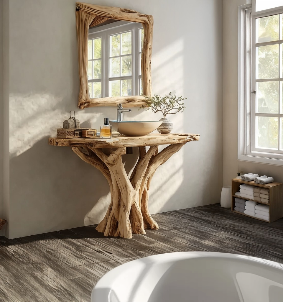 Farmhouse-Eck-Waschtisch aus Holz mit Live-Edge – rustikaler Stil