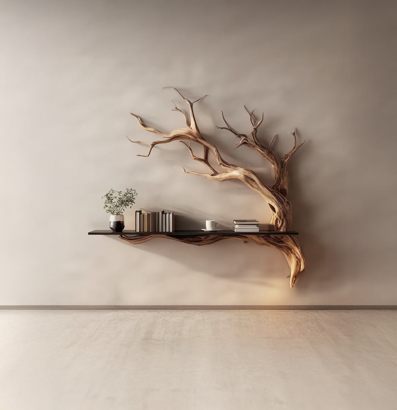 Handgefertigtes Holzbaum-Wandregal – Rustikales Ast-Bücherregal