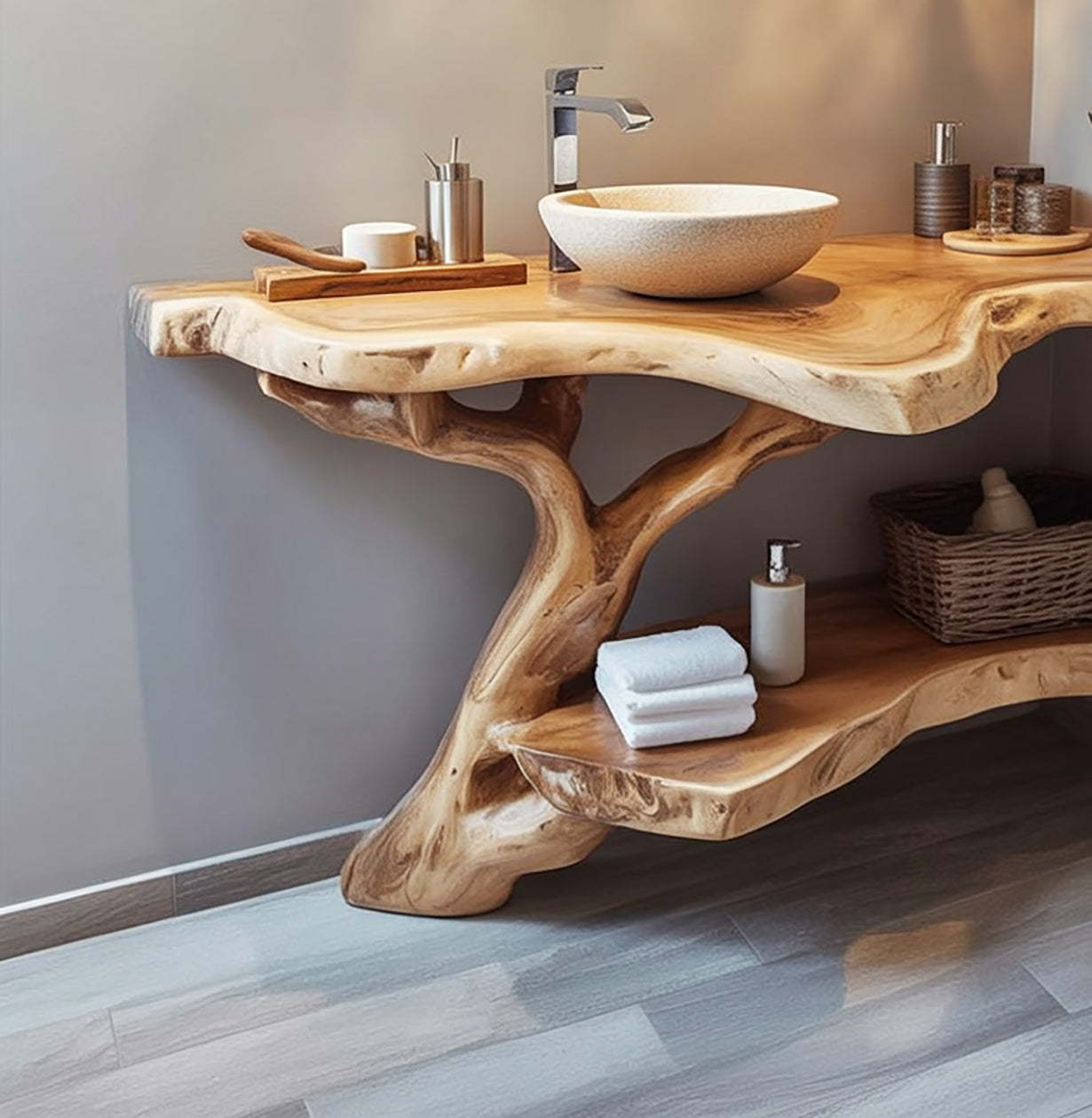 Waschtischunterschrank aus Massivholz mit Live Edge und Baumfuß