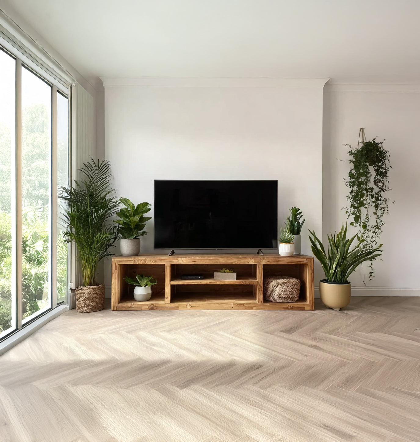 Handgefertigtes rustikales TV-Regal mit Stauraum – Konsole aus recyceltem Massivholz