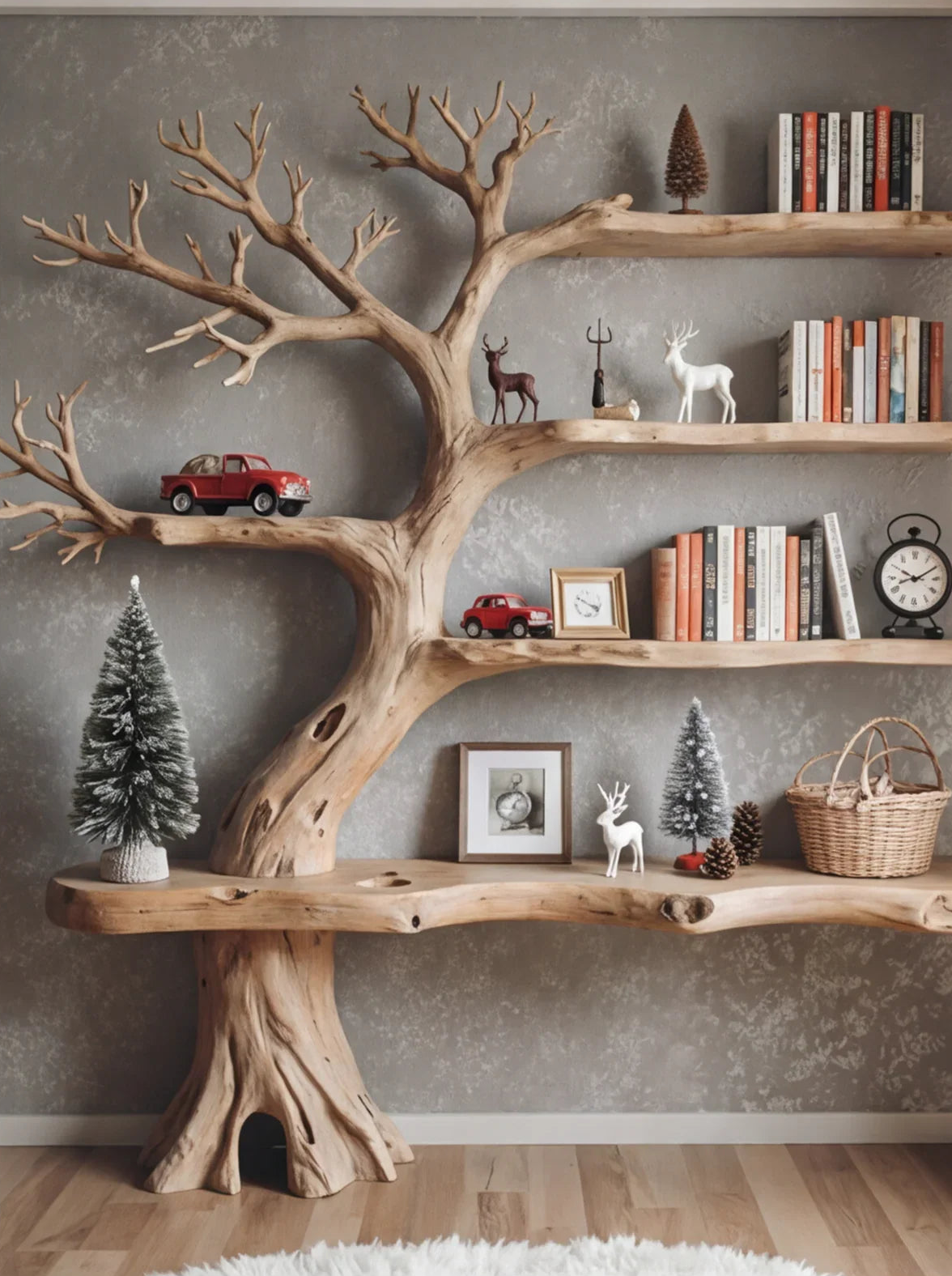 Baumkanten-Baum-Bücherregal aus Massivholz mit Büchern, roten Automodellen, Deko und künstlichen Bäumen