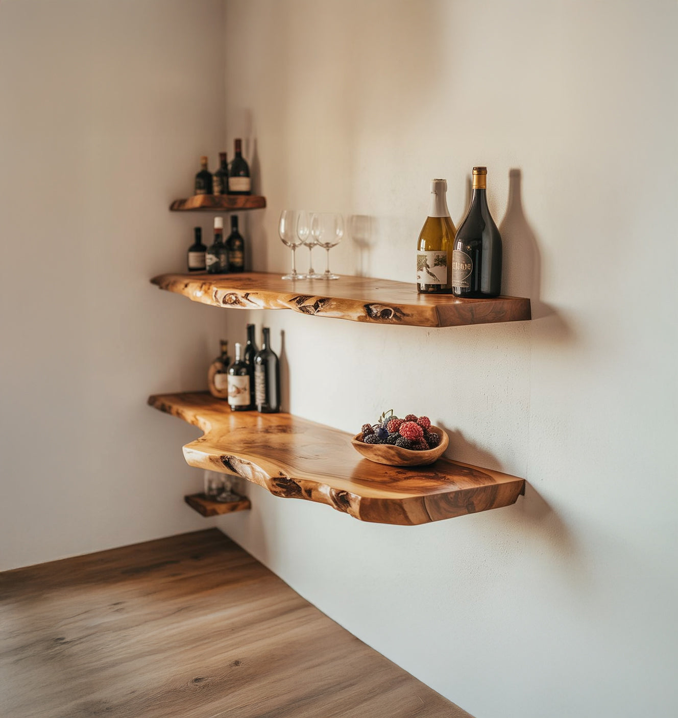 Schwebendes Eckregal mit Baumkante aus Holz – Wanddekoration
