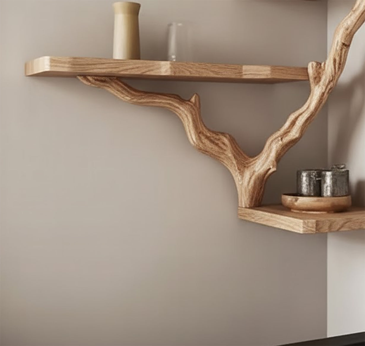 Schwebendes Eckregal Baumast-Design Schwarzes Holz Wandregal