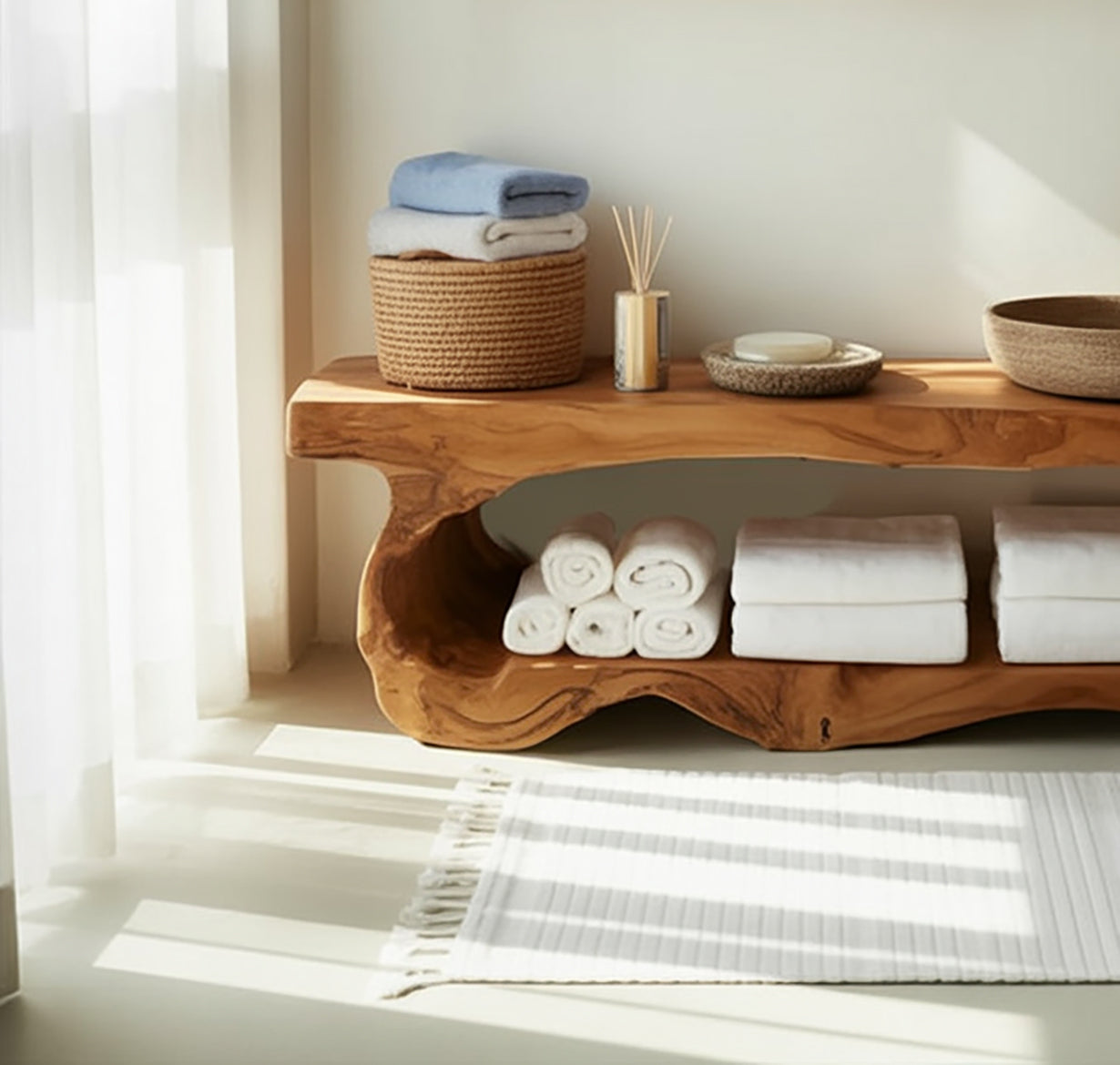 Organische Massivholz-Badbank – Handgefertigt mit Stauraum