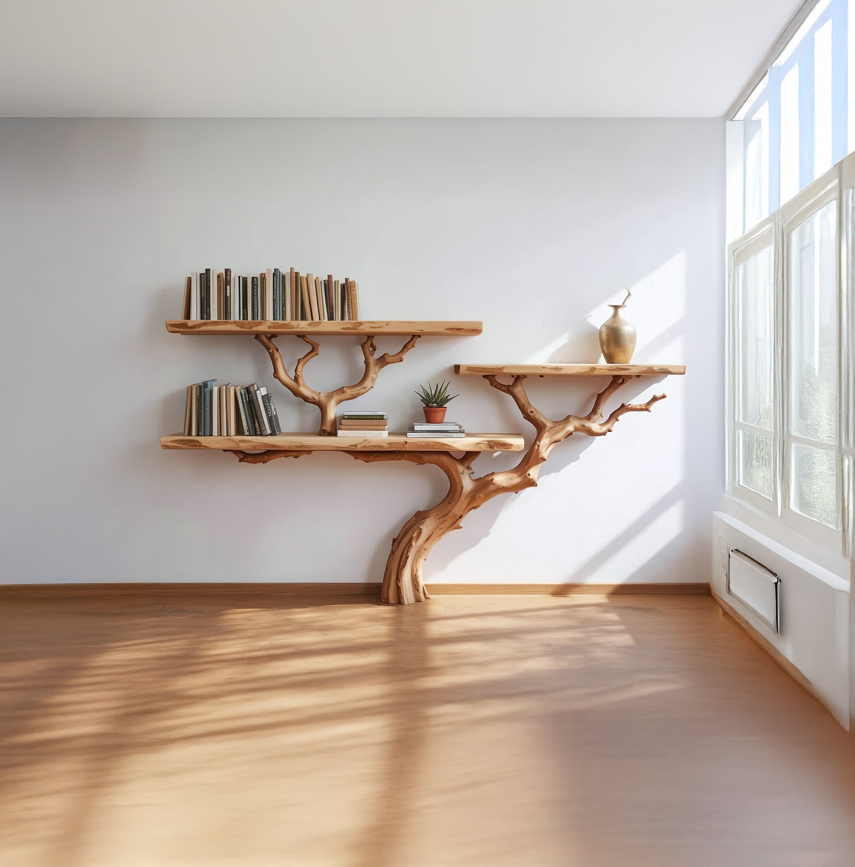 Baumast-Bücherregal für den Boden aus Massivholz mit natürlicher Baumkante