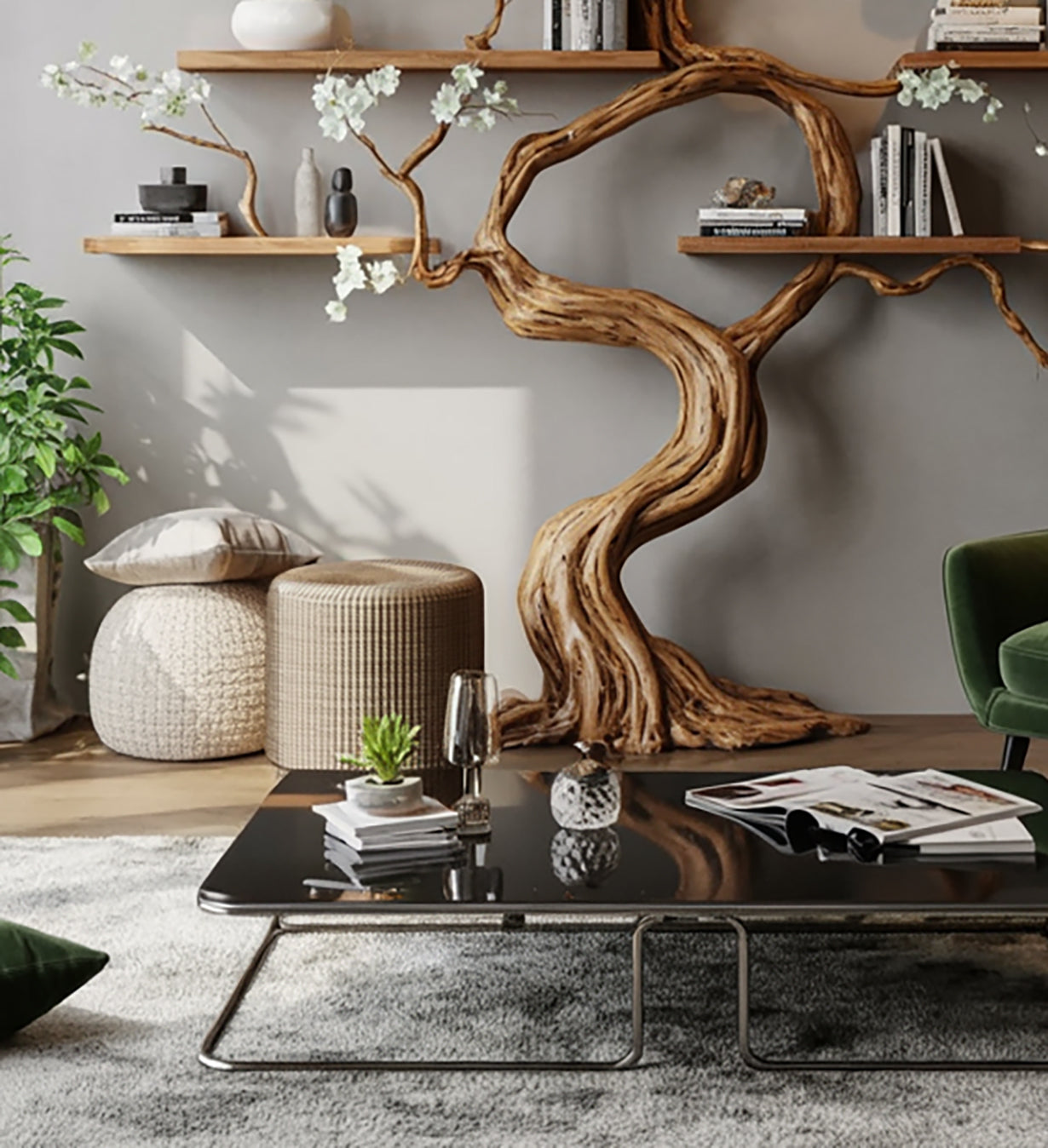 Handgefertigtes Massivholz-Baum-Wandregal – Funktionale Wandkunst