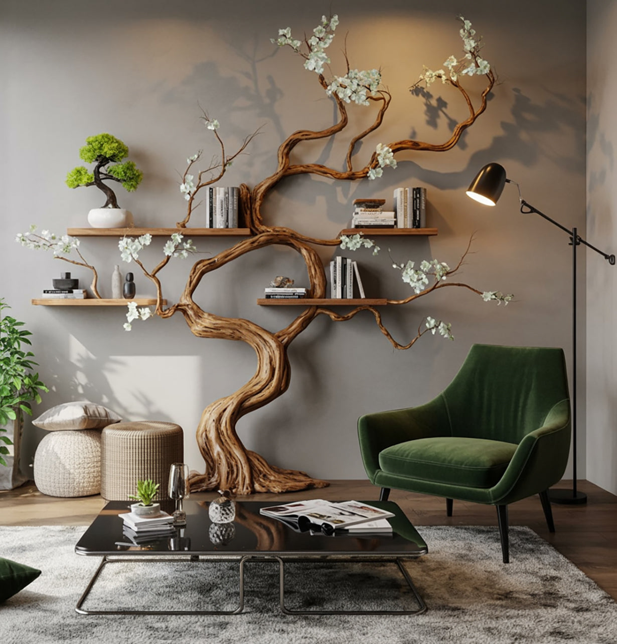 Handgefertigtes Massivholz-Baum-Wandregal – Funktionale Wandkunst