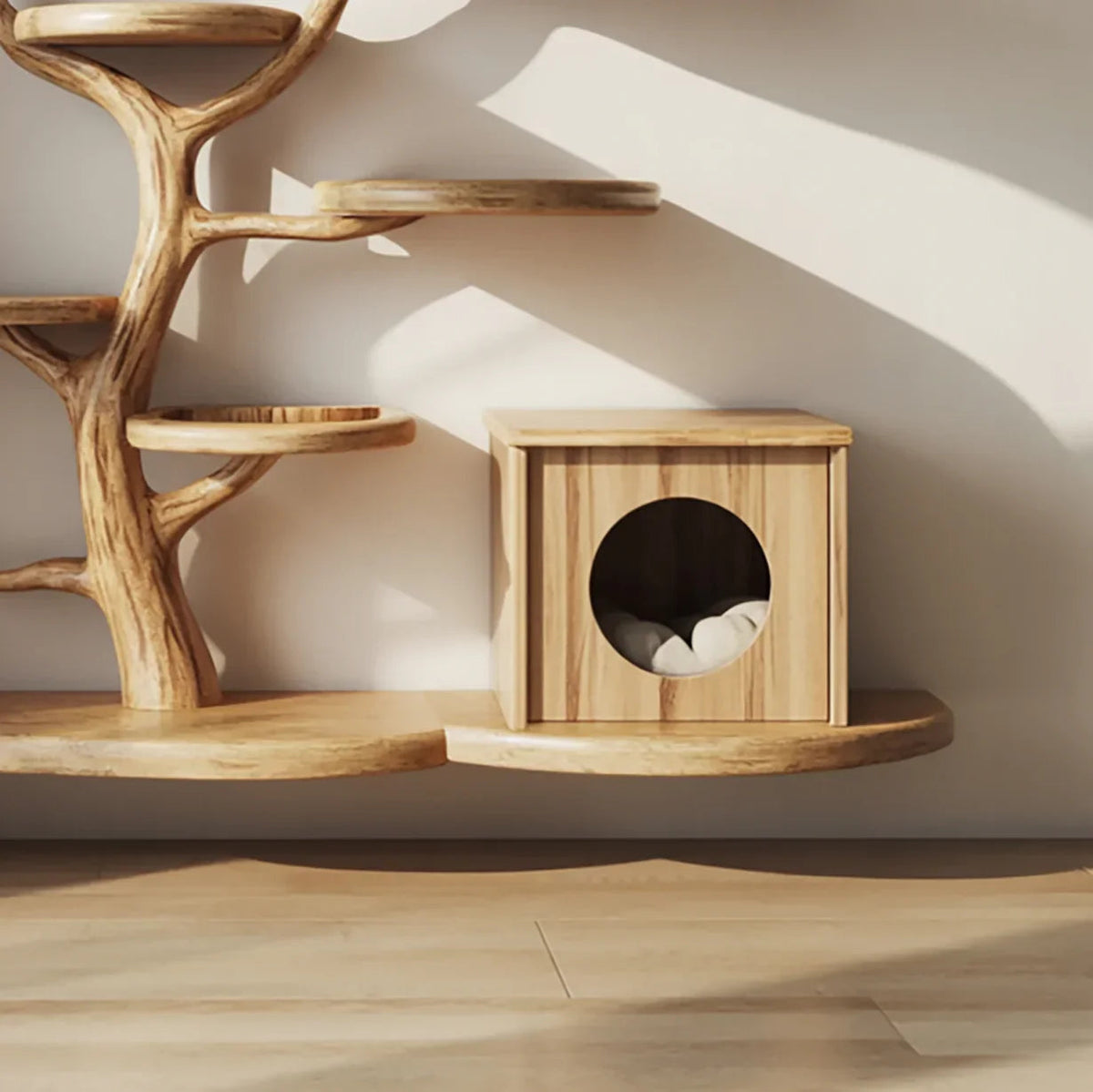 Mid-Century-Kratzbaum-Turm aus Holz – Stilvolle Katzen-Kletter-Möbel