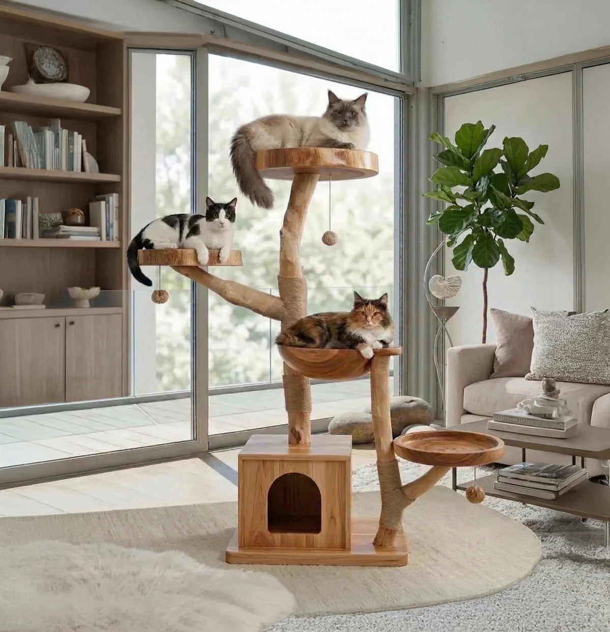 Handgefertigter Baum-Katzenturm aus Massivholz in einem modernen Wohnzimmer